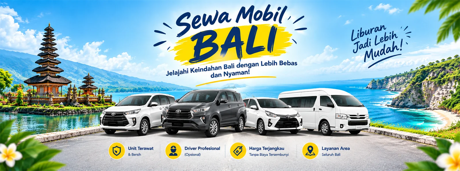 Paket wisata Bali Tunjung Transport: mobil private dengan sopir, Veloz, Innova, Agya, Hiace, layanan seluruh Bali